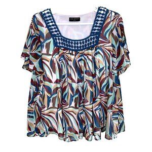 Lane Bryant Short Sleeve Blouse Lightweight Crochet Teal Brown Top Womens 18 20